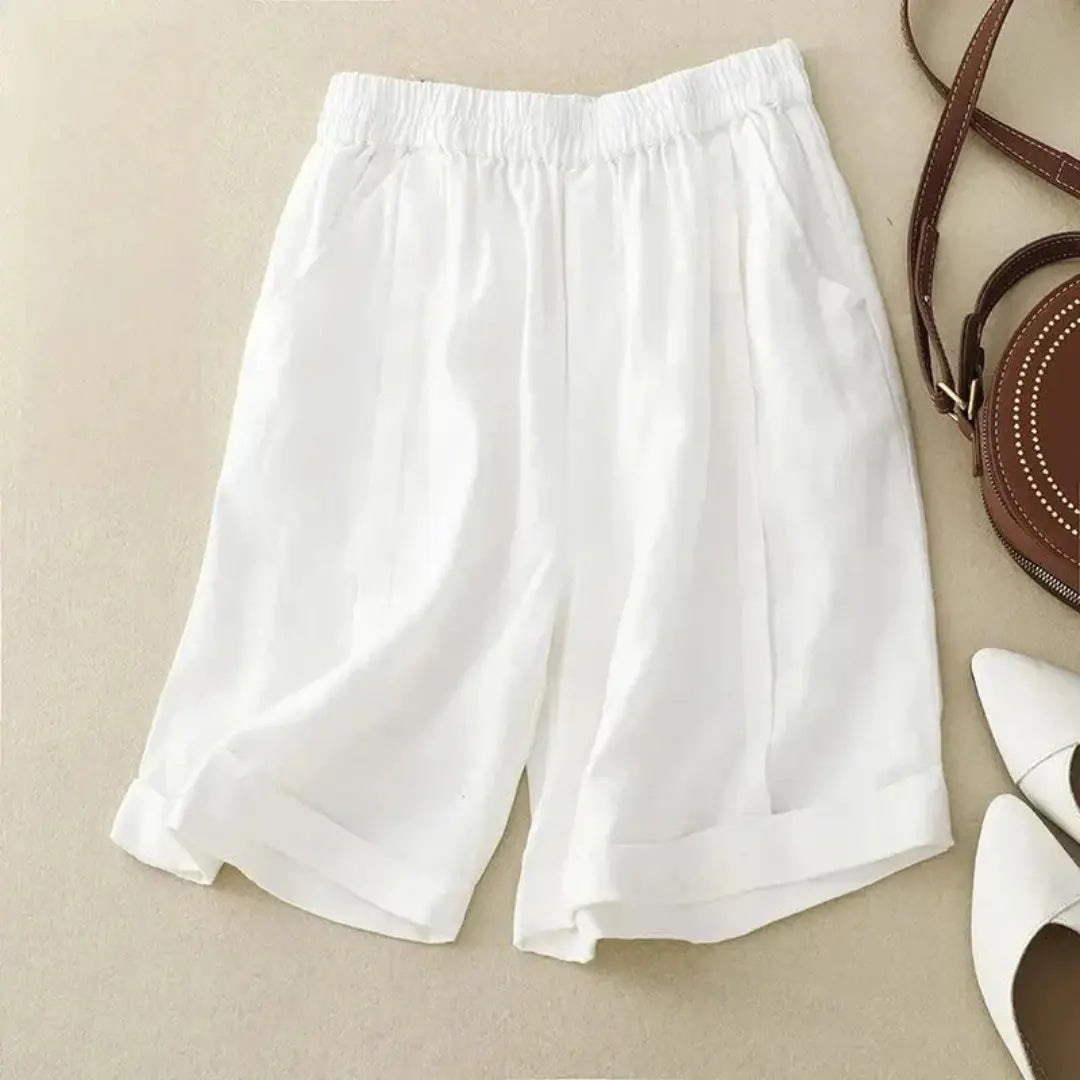 Women's high-rise linen shorts beige rolled cuff hem elastic waistband casual summer everyday style