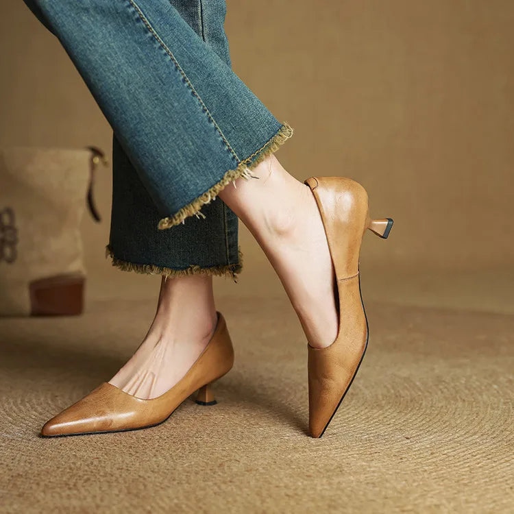 Anok black genuine leather pointed-toe low heels with cushioned insole for professional women