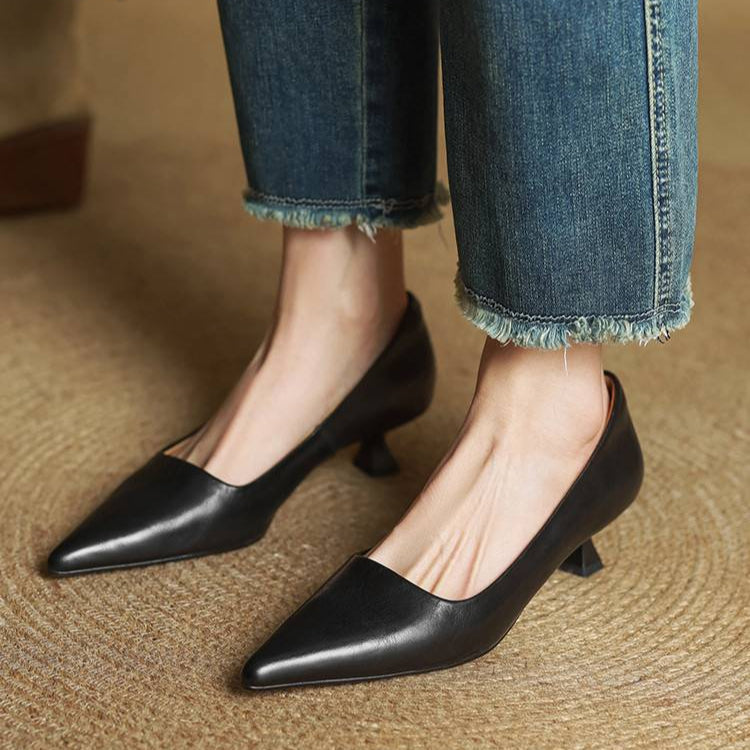 Anok genuine leather pointed-toe low heels for women with cushioned insole, elegant professional style