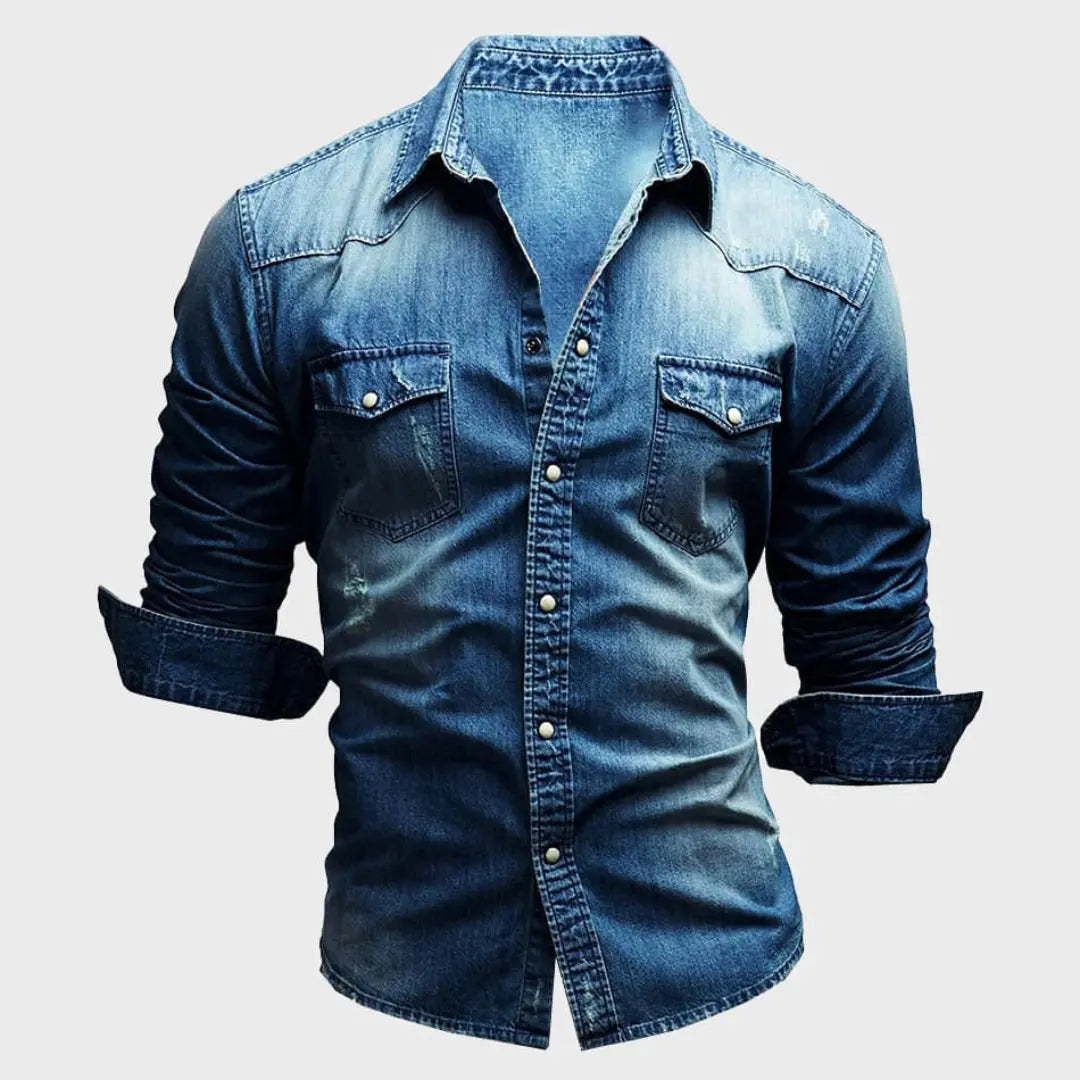 Men's slim fit western denim shirt distressed wash dual chest pockets snap closures vintage style
