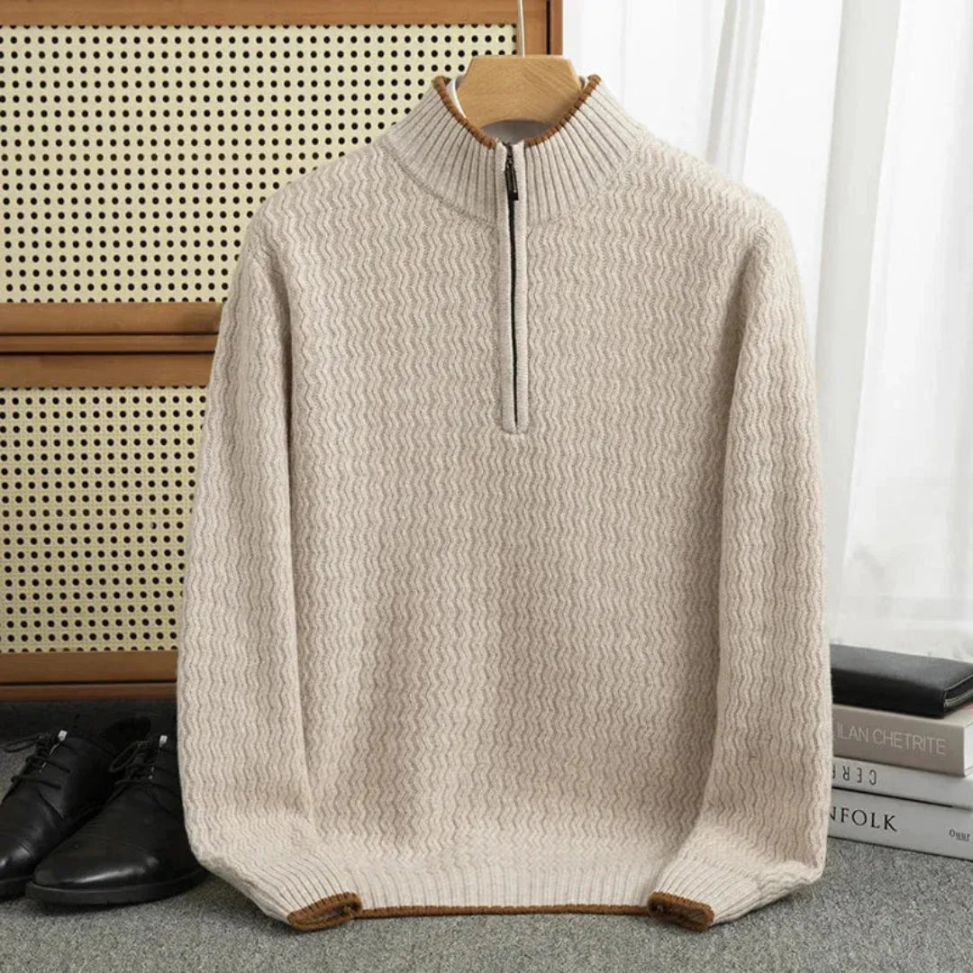 Men's half-zip textured wave knit sweater with ribbed high collar, cozy breathable layering piece