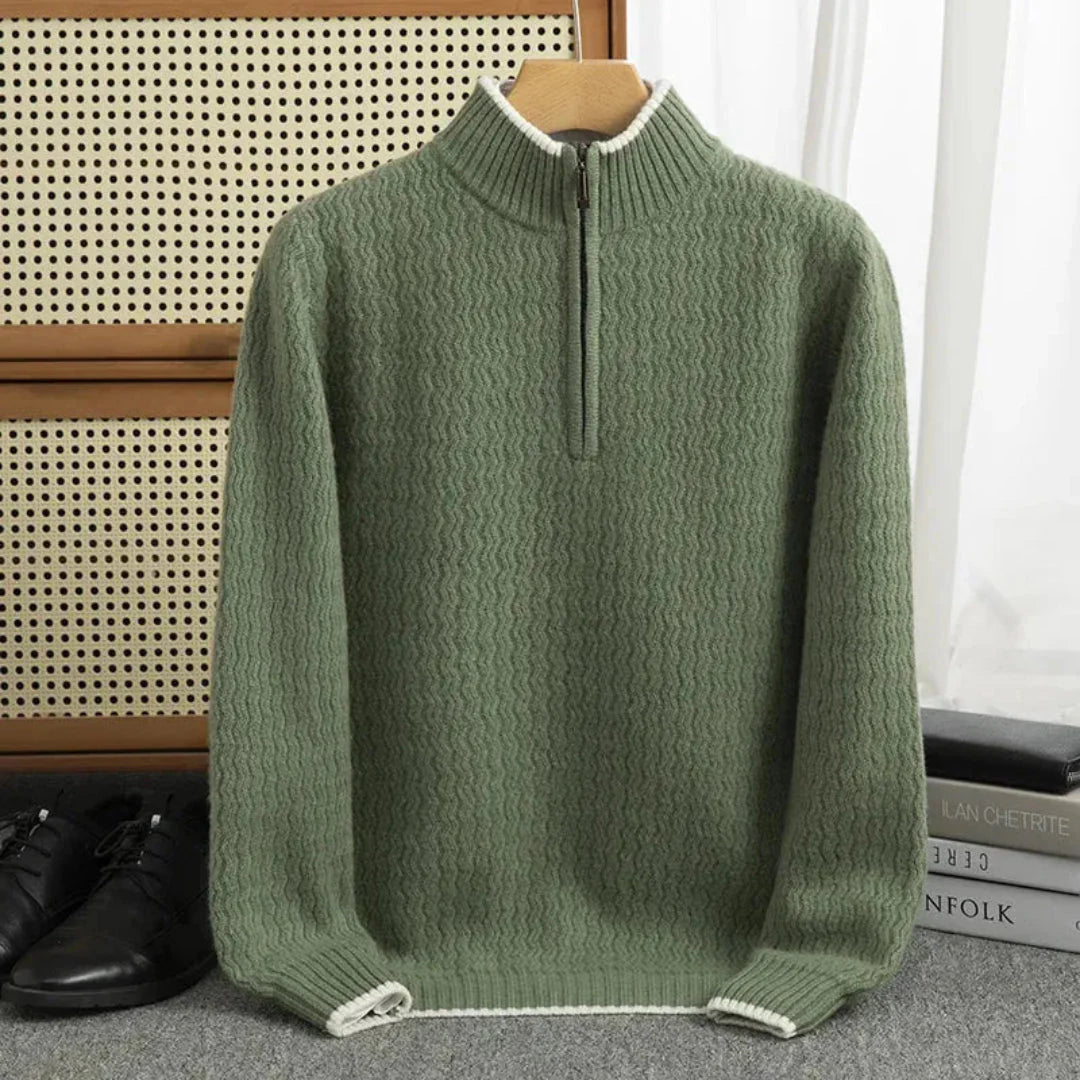 Men's textured wave knit half-zip sweater with ribbed high collar, cozy breathable layering piece