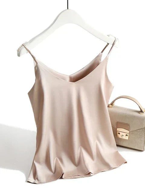 Women's ivory satin cami top V-neck thin straps lightweight sleeveless minimalist silhouette