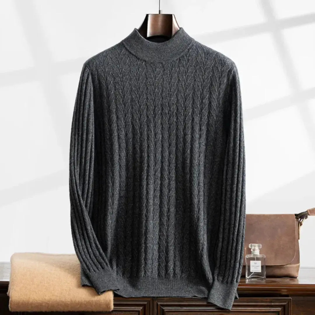 Men's ivory cashmere turtleneck sweater slim-fit mock neck Himalayan knit premium luxury
