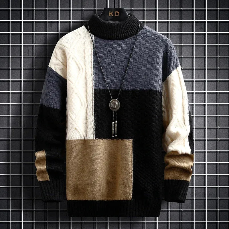 Men's high collar patchwork knit sweater mixed textures color block casual smart-casual versatile