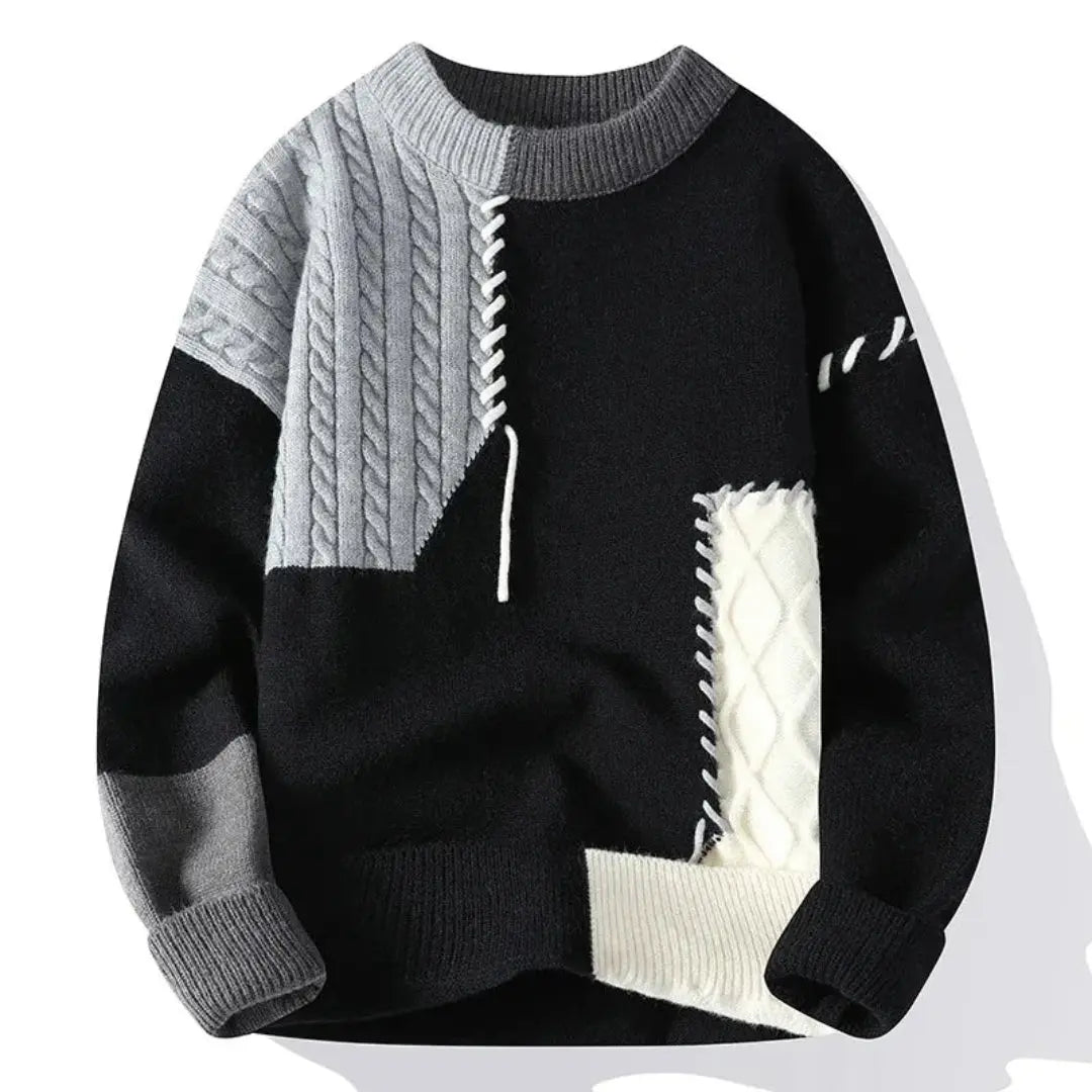 Loose-fit patchwork sweater in tonal multicolor with bold tonal stitching and relaxed knit silhouette