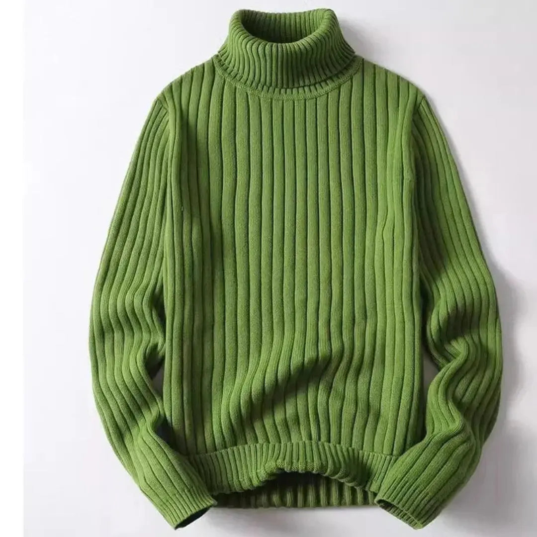 Men's ivory ribbed knit turtleneck sweater soft wool cozy fit with classic high neck collar