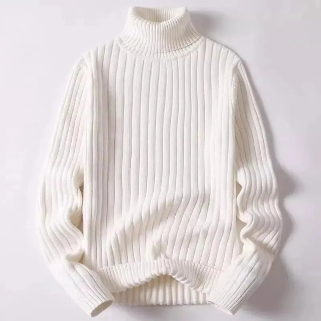 Men's gray ribbed knit turtleneck sweater soft wool slim fit with classic high collar
