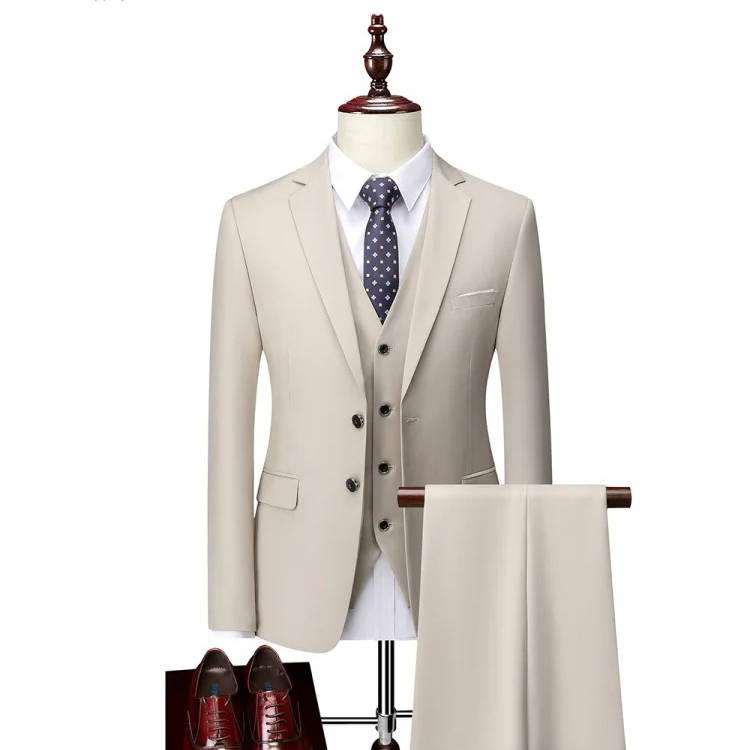 Black slim-cut three-piece tuxedo with vest, wrinkle-resistant formal suit for weddings and events