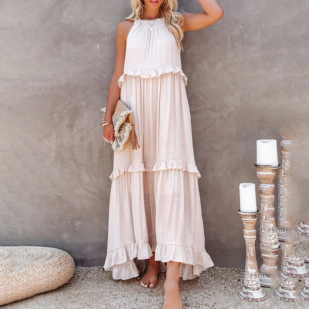 Women's sleeveless halterneck maxi dress, A-line silhouette in breezy summer style