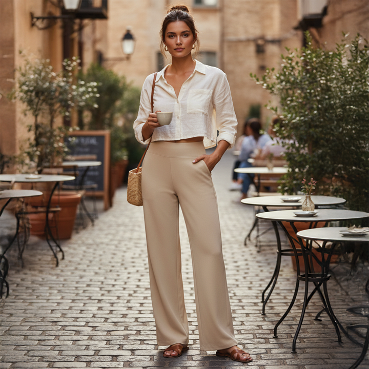Julie wide-leg high-rise trousers in neutral tone, sleek front panel silhouette for office and travel