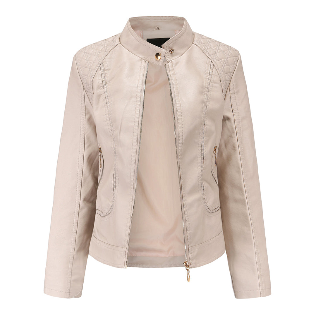 Women's black leather jacket stand-up collar modern elegant cut durable premium quality fashion