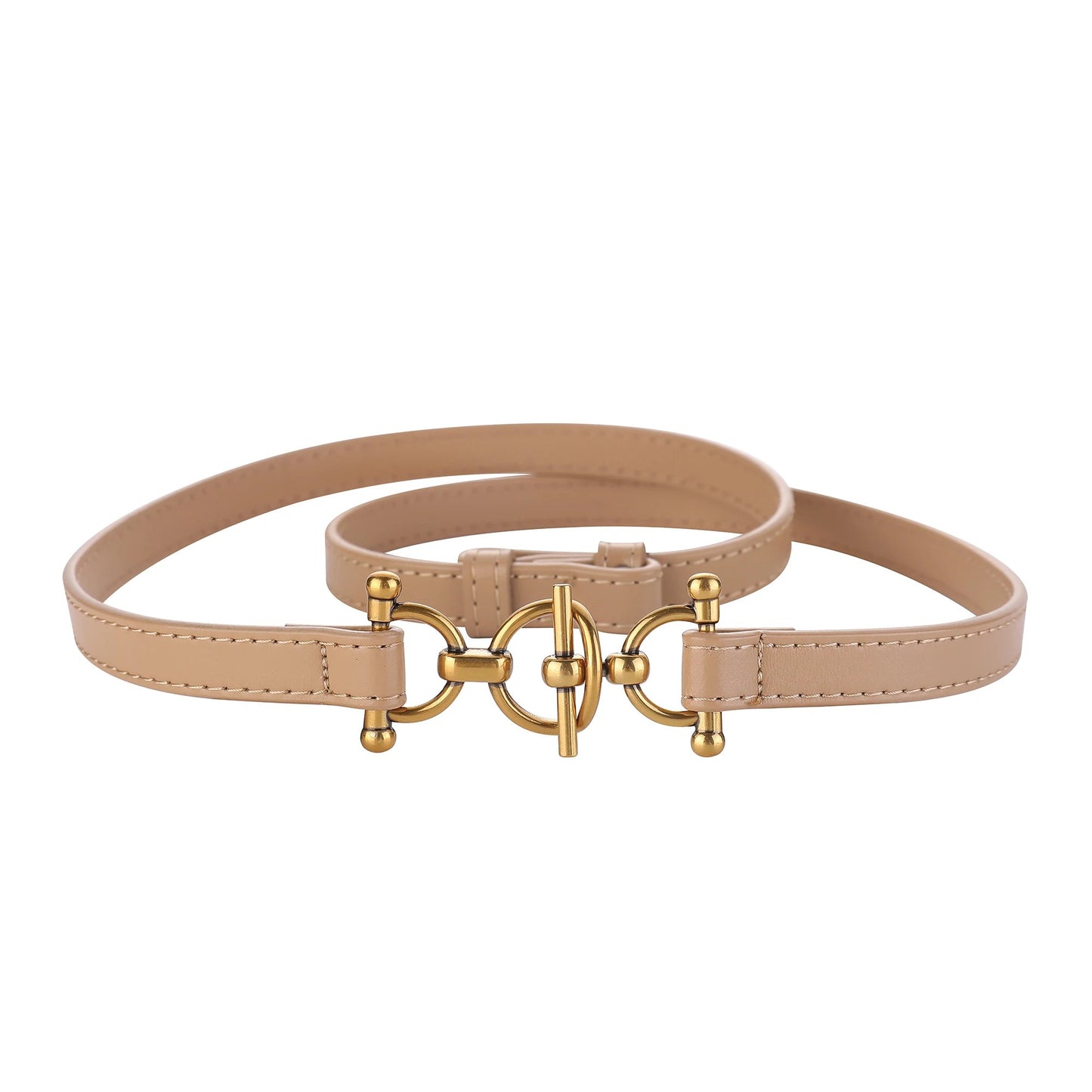 Women's slim genuine leather waist belt in tan with brushed gold toggle buckle closure