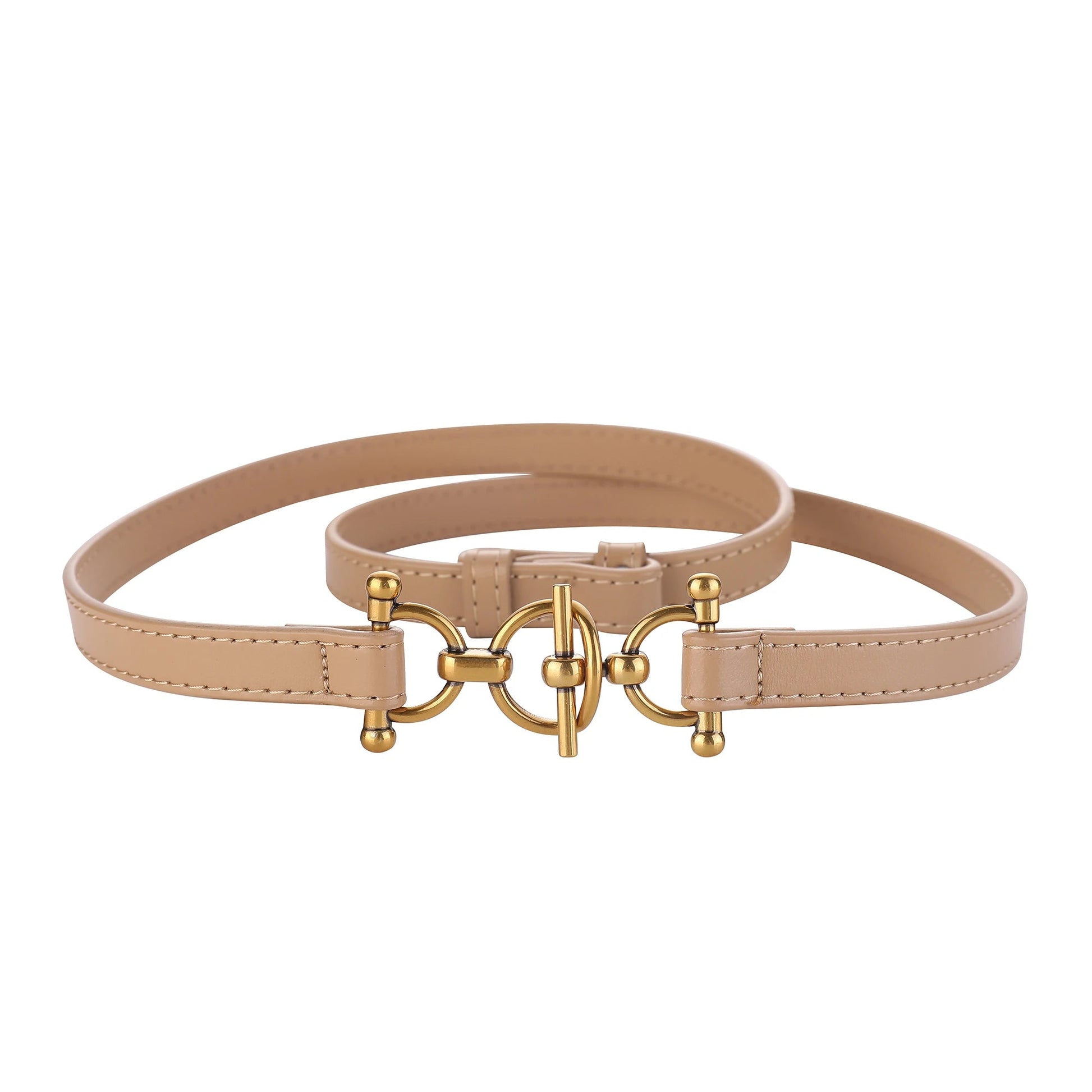 Women's slim genuine leather waist belt in tan with brushed gold toggle buckle closure