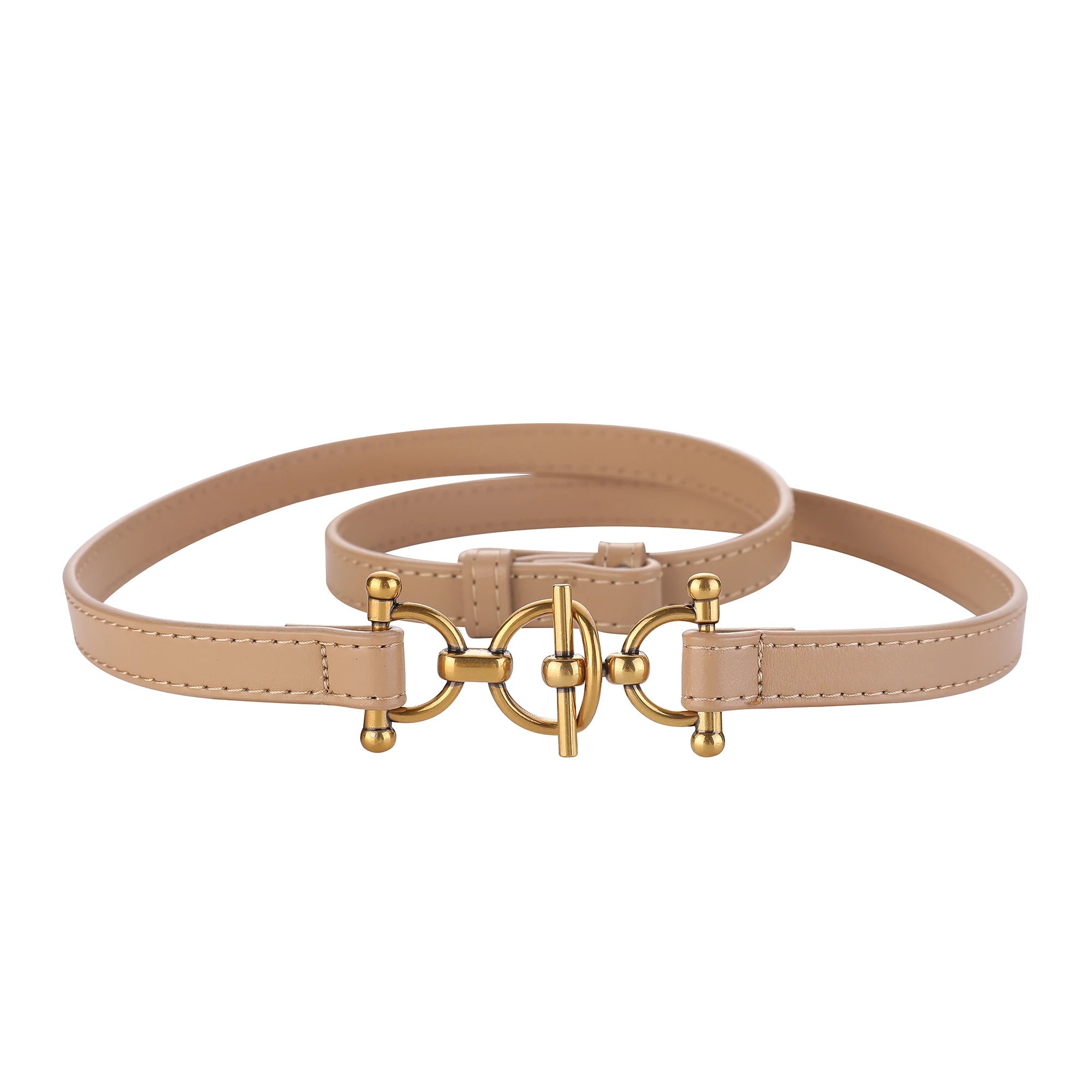 Women's slim genuine leather waist belt in tan with brushed gold toggle buckle closure