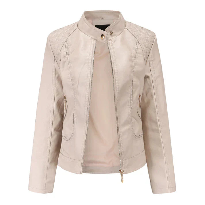 Unisex black leather jacket with timeless silhouette, modern cut, and easy-care premium finish