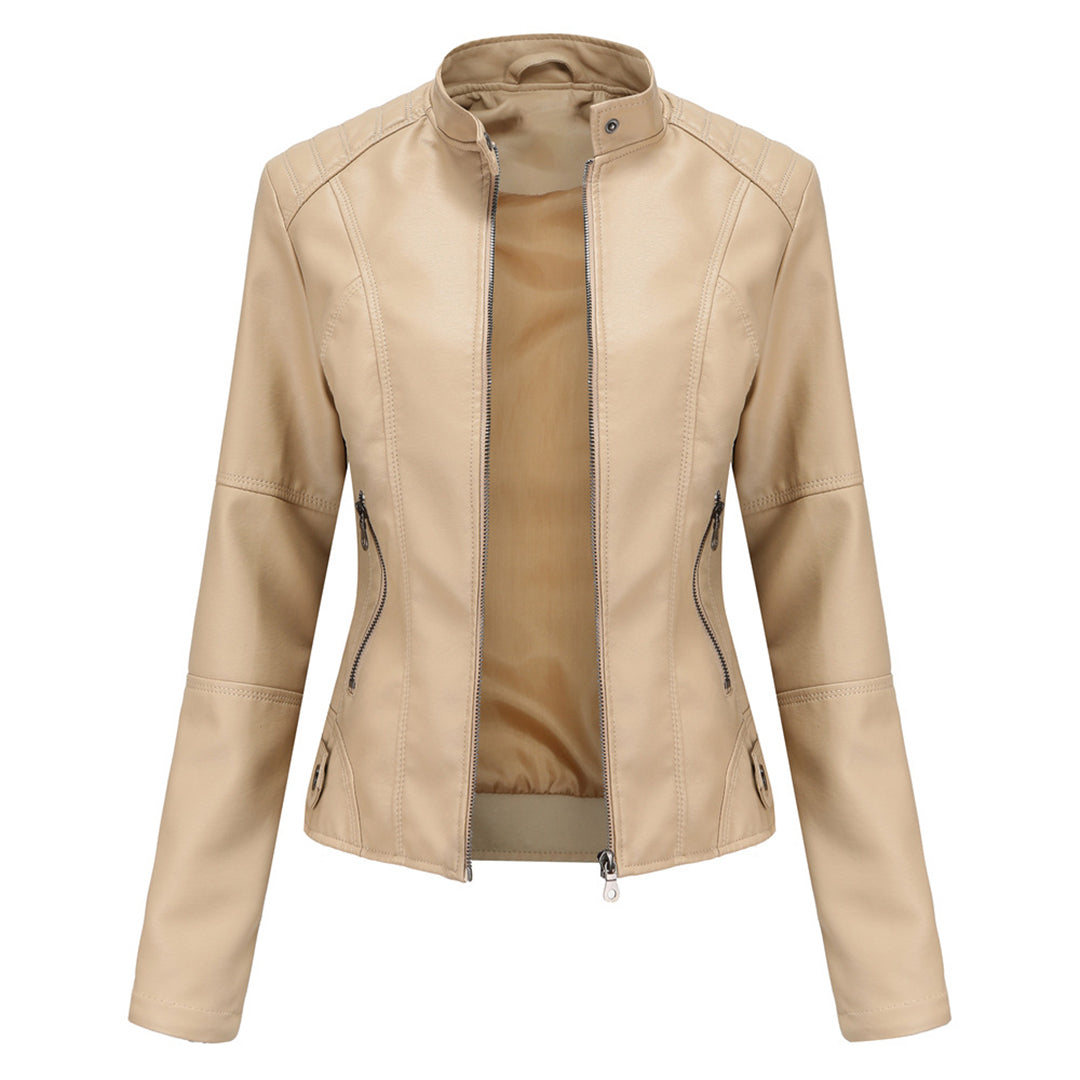 Women's black biker jacket stand collar front zip tailored structured edgy classic fit