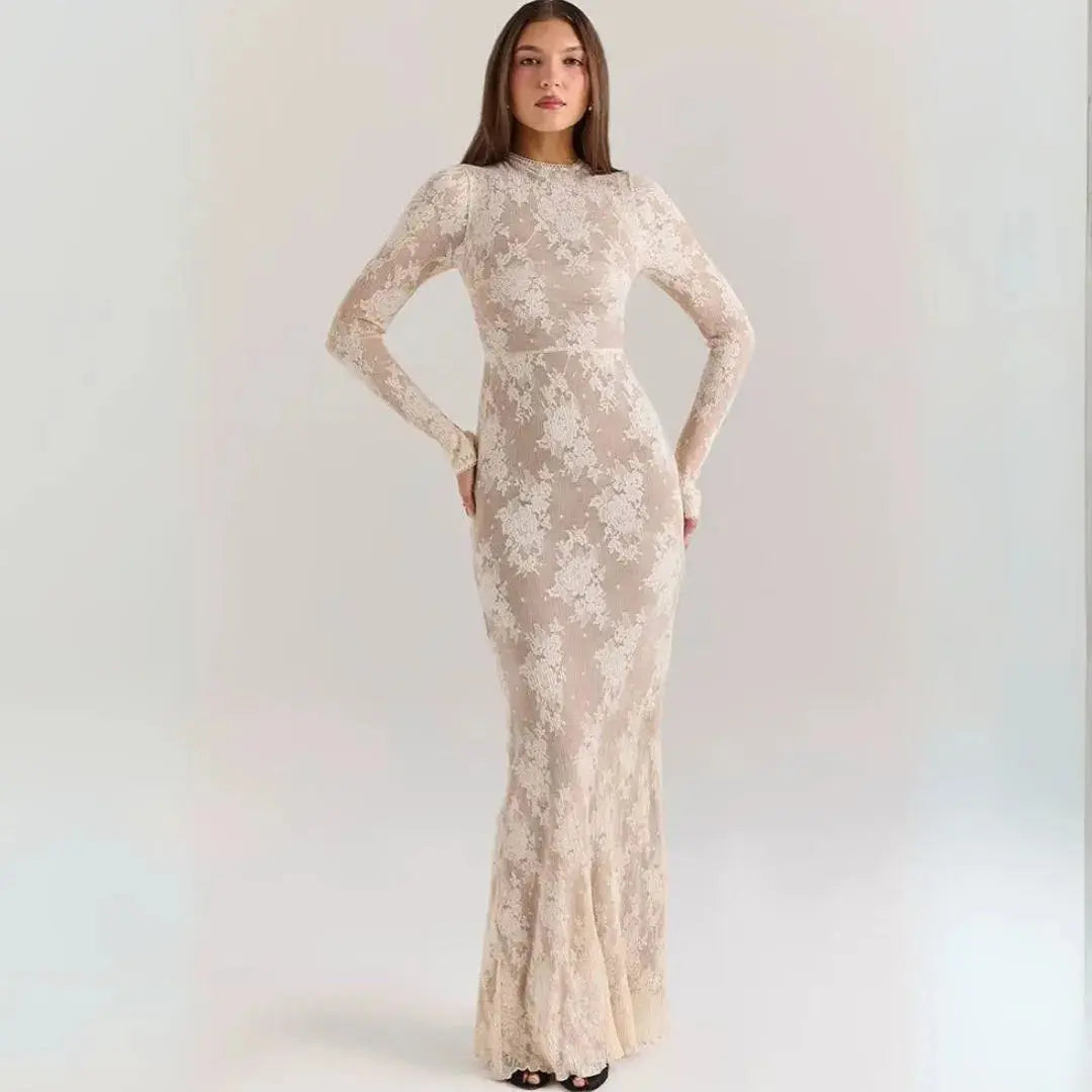 Ivory floral lace bodycon gown long sleeves mermaid hem formal elegance