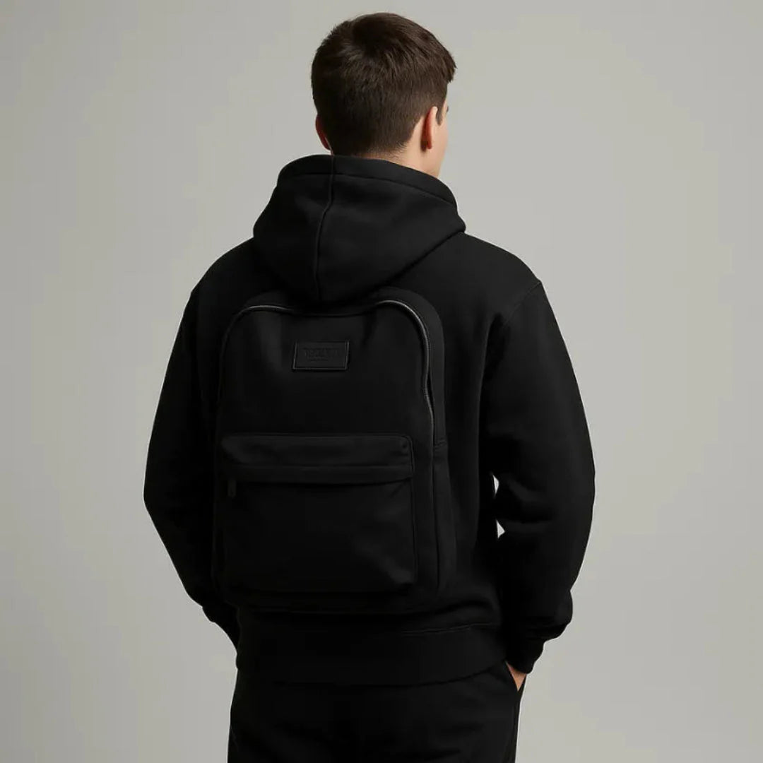 Gray minimalist hoodie with built-in backpack compartment, lightweight premium polyester for students