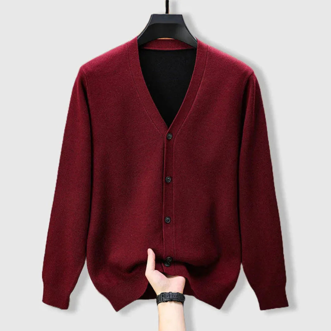 Men's merino cashmere V-neck cardigan, ultra-soft lightweight knit in refined smart-casual silhouette