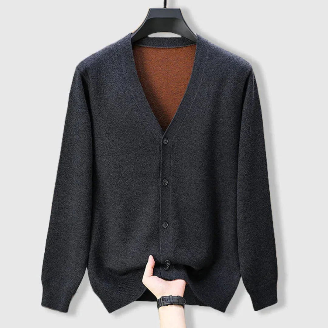 Men's merino cashmere V-neck cardigan lightweight ultra-soft refined smart-casual layering piece