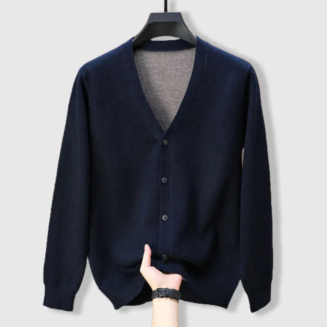 Men's merino cashmere V-neck cardigan, ultra-soft lightweight knit in refined smart-casual silhouette