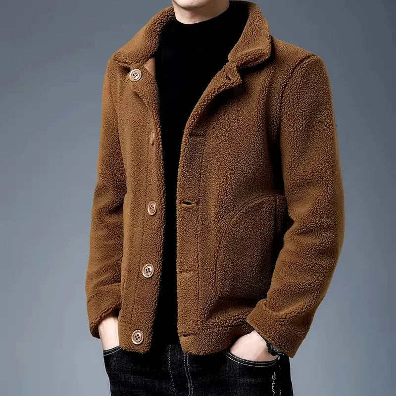 Women's vegan fur winter coat with wide lapels, plush warm fabric and elegant cozy silhouette