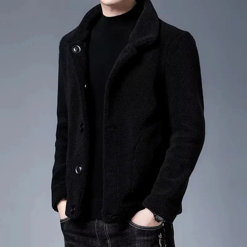 Women's vegan fur winter coat with wide lapels, cozy plush texture, elegant silhouette, pockets