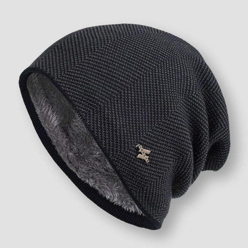 Dark gray fleece-lined slouchy beanie ribbed geometric knit unisex casual winter hat