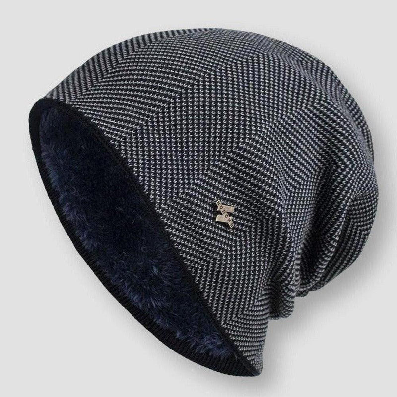 Dark gray fleece-lined slouchy beanie ribbed geometric knit unisex casual winter hat