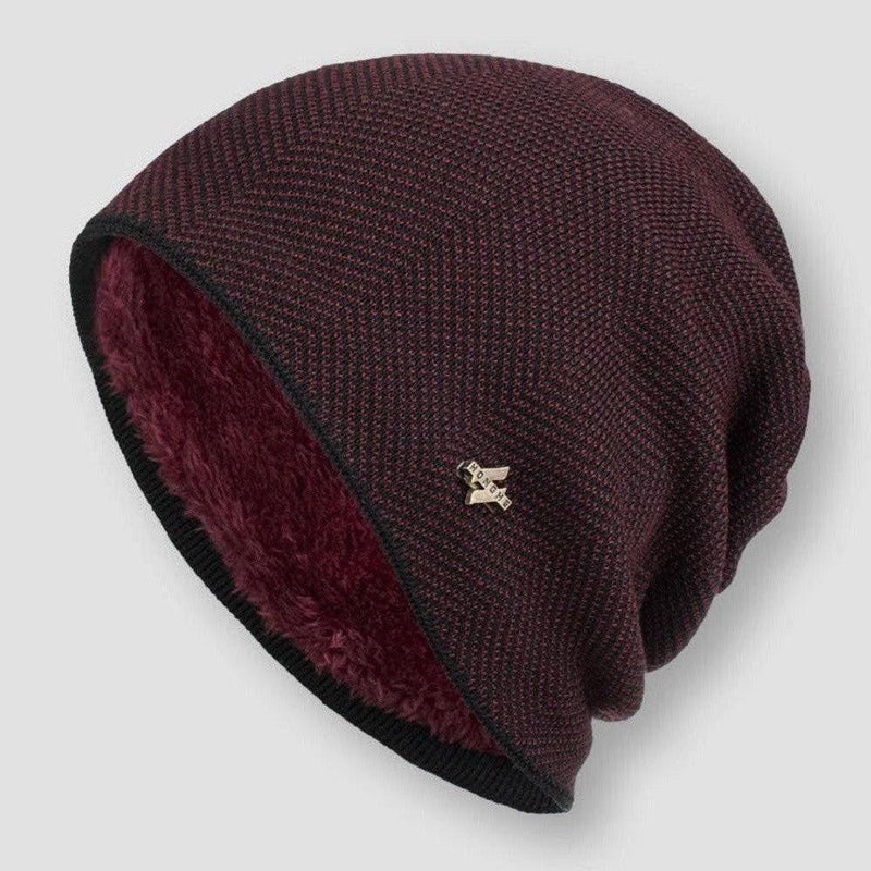 Dark gray fleece-lined slouchy beanie ribbed geometric knit unisex winter hat cozy warmth