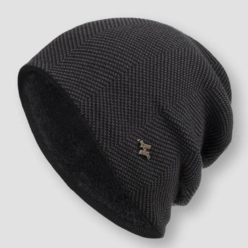 Dark gray fleece-lined slouchy beanie ribbed geometric knit unisex casual winter hat
