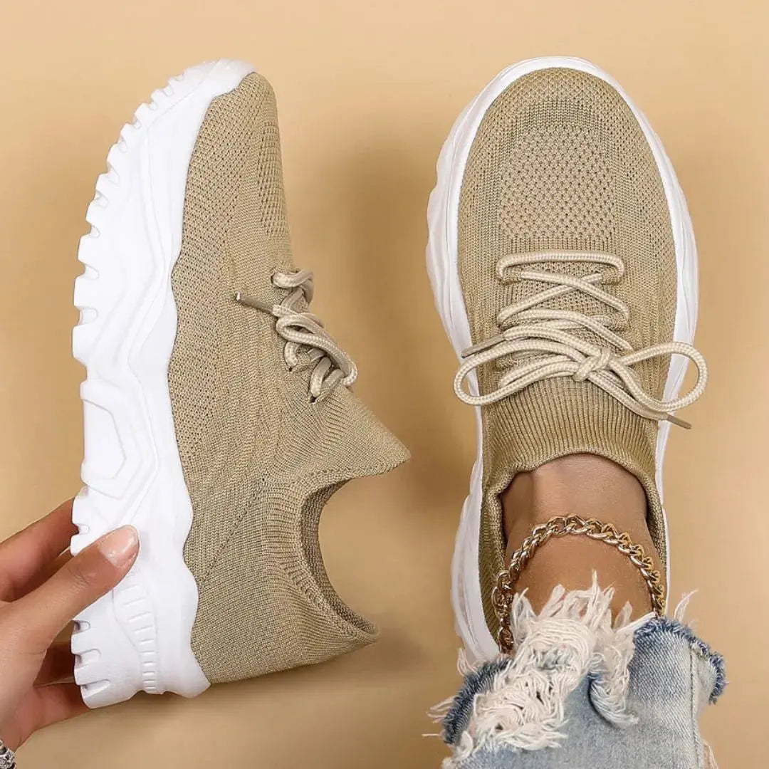 White chunky sole knit lace-up sneakers with breathable upper and bold platform design