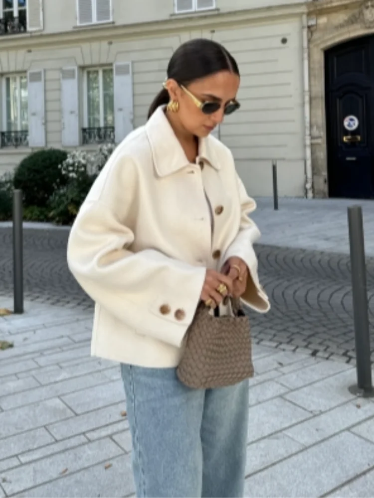 Women's boxy cropped wool blend coat with classic collar and statement buttons, polished outerwear