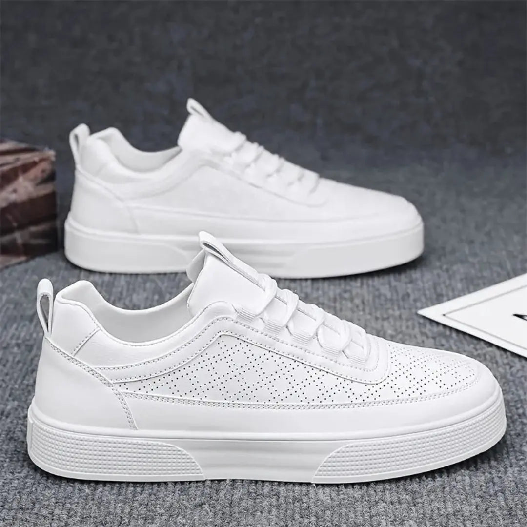 Men's white slip-on low-top sneakers with breathable perforated EVA upper for all-day comfort