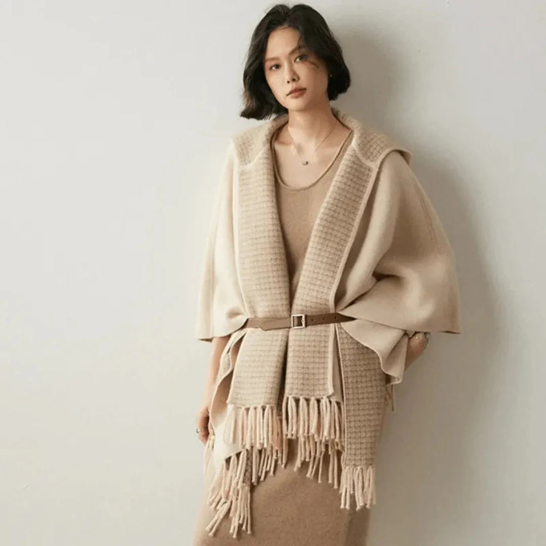 Women's hooded cashmere blend fringe poncho cape cozy open-front relaxed silhouette knitwear