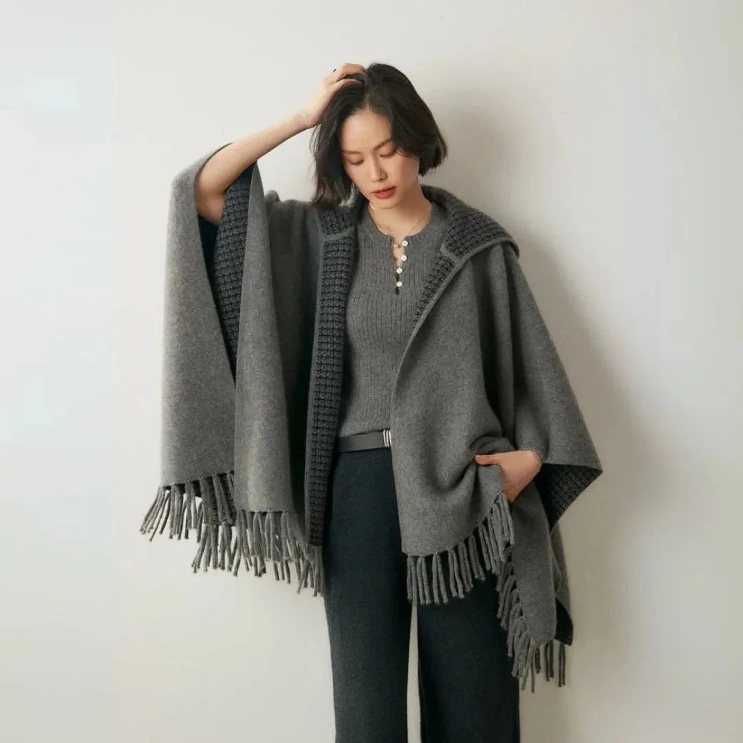 Women's hooded cashmere blend fringe poncho cape, open-front relaxed silhouette cozy luxury knitwear