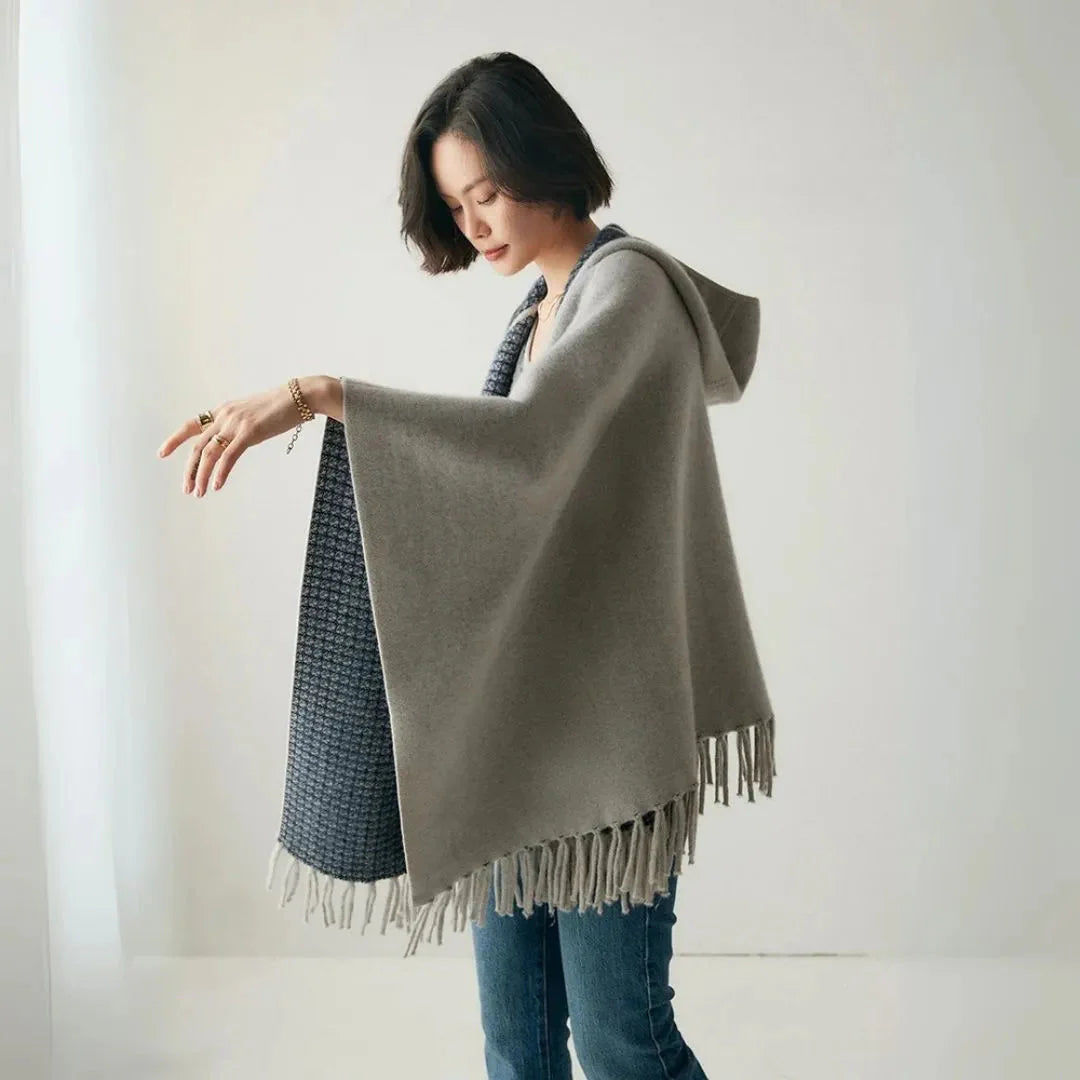 Women's hooded cashmere fringe poncho cape cozy open-front wrap with flowing silhouette
