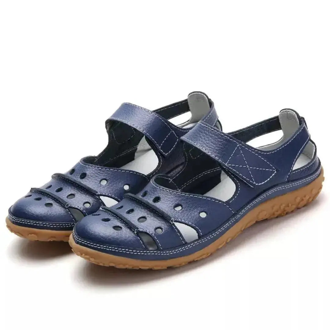 Women's Ariana leather sandals beige cutout design cushioned insole adjustable Velcro straps non-slip