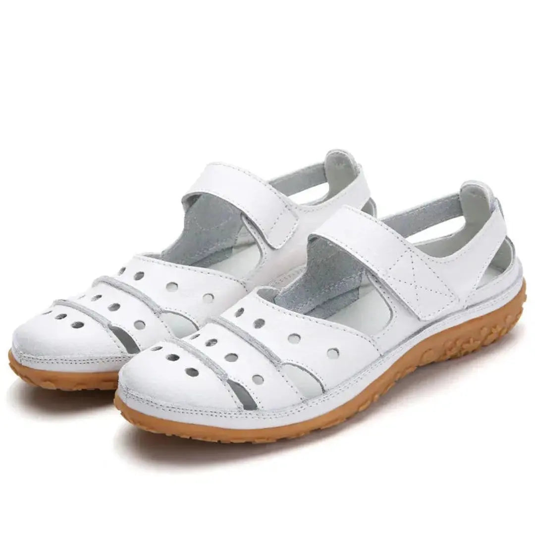 Women's leather sandals with breathable cutouts, cushioned insoles, adjustable Velcro straps, non-slip soles
