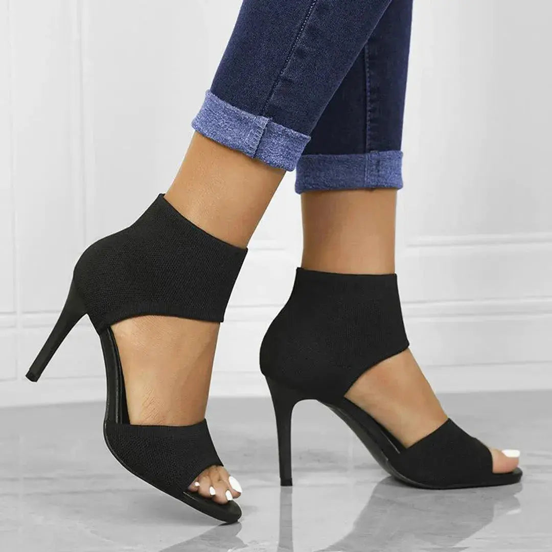 Black stiletto sandals open-toe stretch-knit ankle cuff sleek evening heels for women