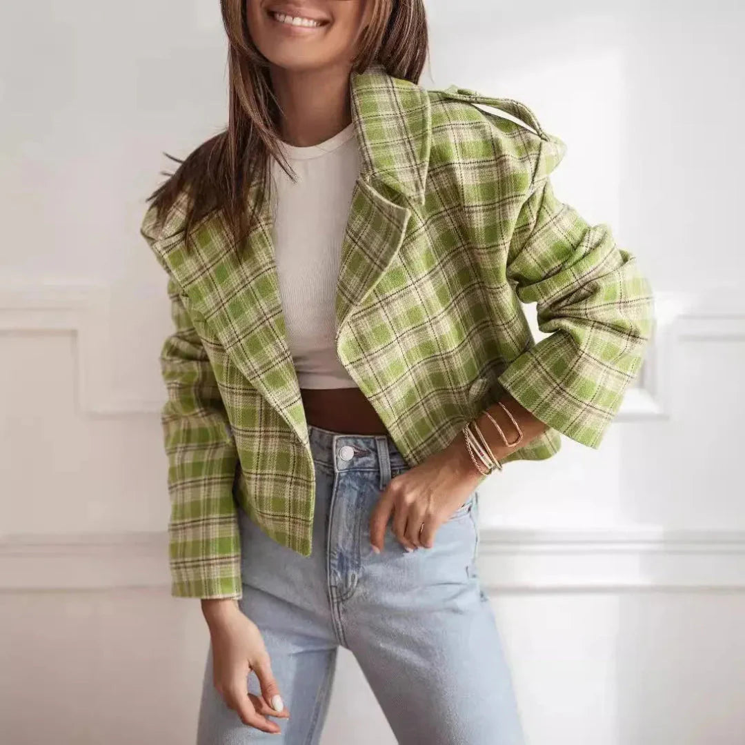 Women's cropped plaid wool-blend jacket structured shoulders wide lapel bold pattern tailored fit