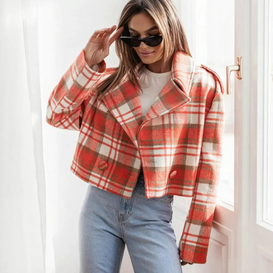 Women's cropped plaid wool-blend jacket with structured shoulders and wide lapel, modern tailoring