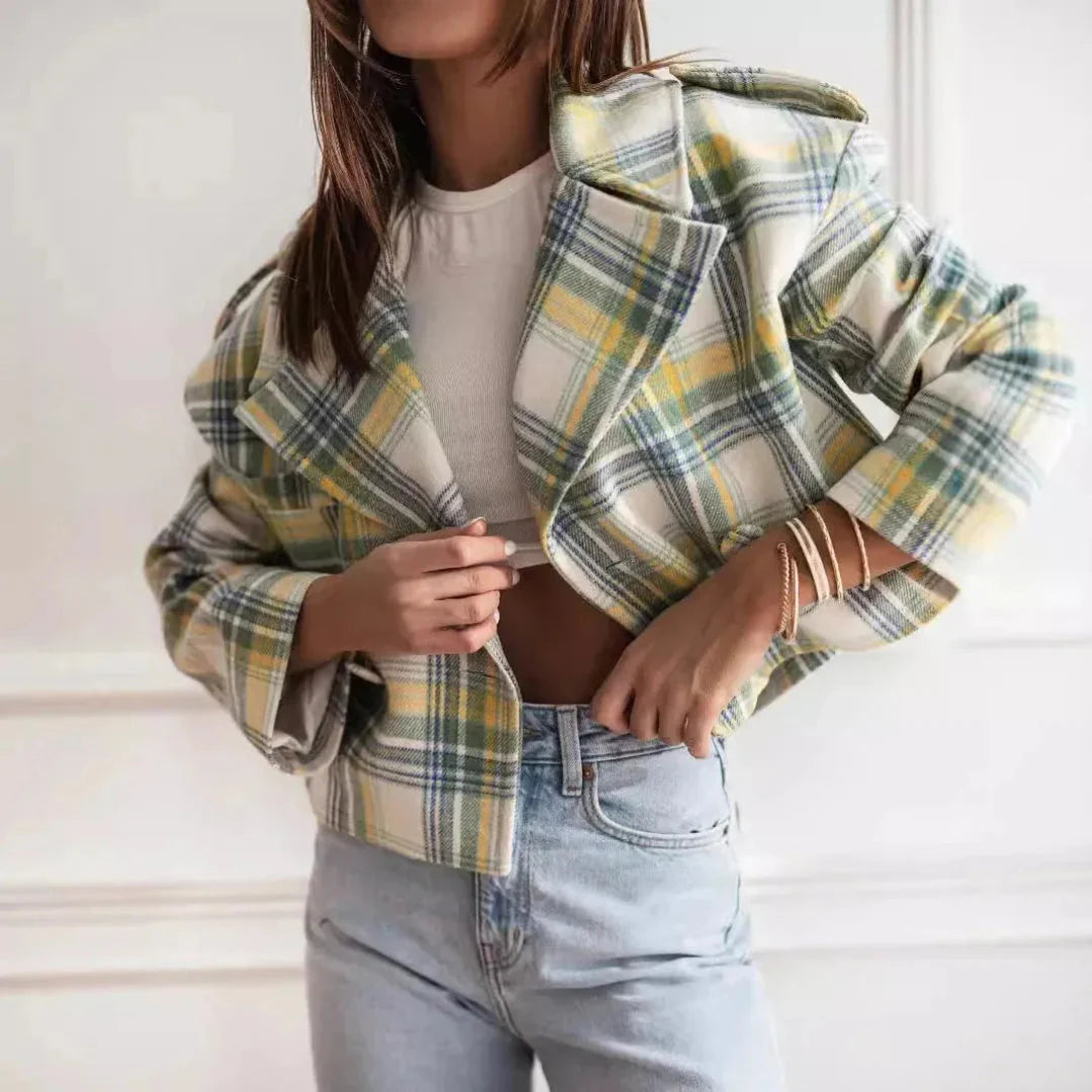 Women's cropped plaid wool-blend jacket structured shoulders wide lapel contemporary tailored fit