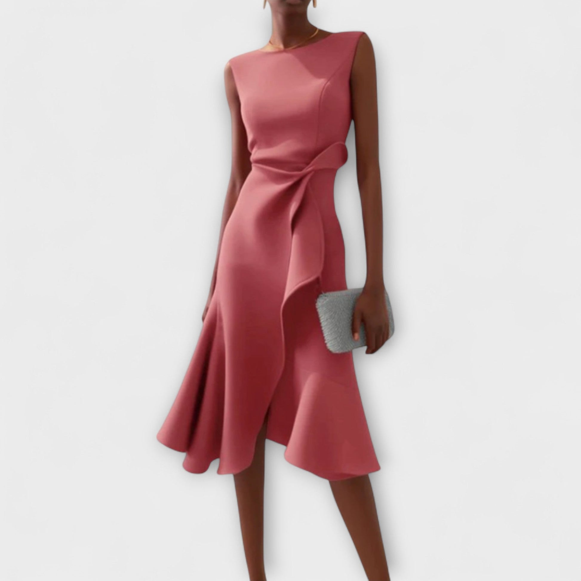 Ivy women's formal midi dress with elegant side-draped detail, sophisticated eveningwear for special occasions