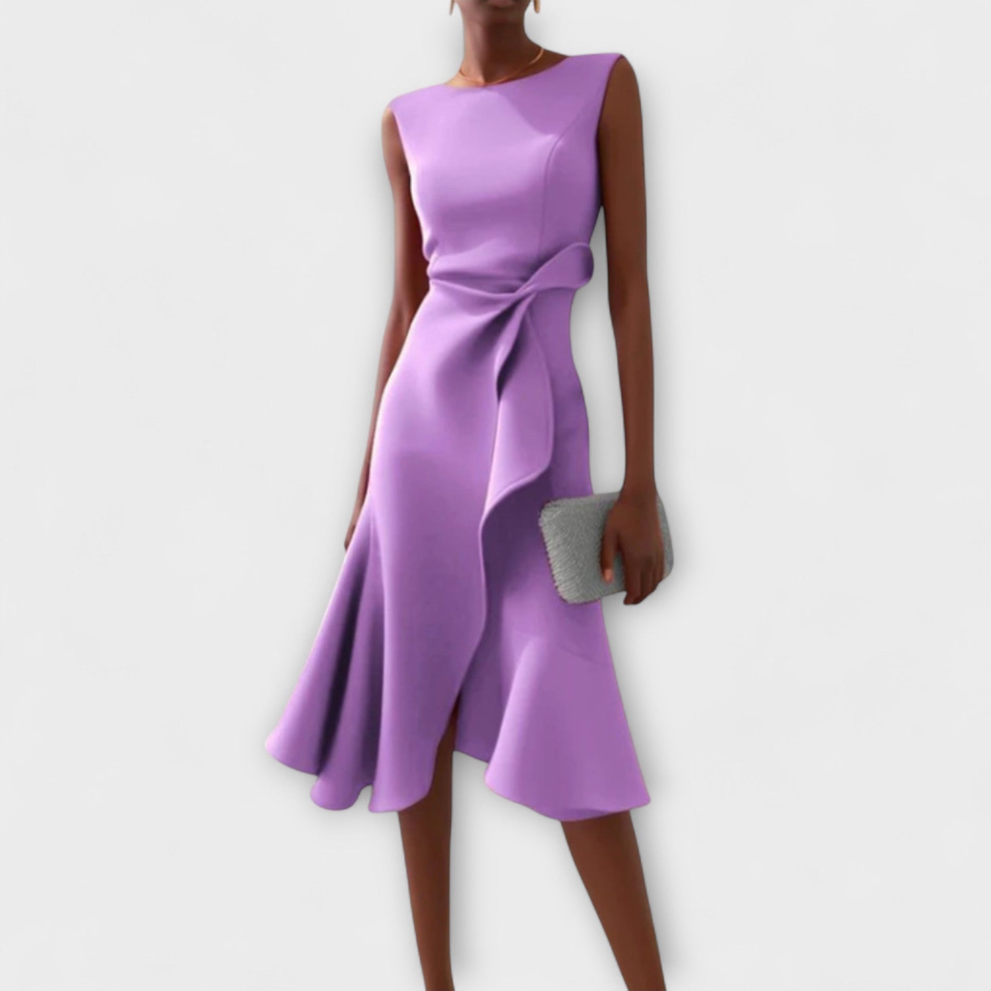 Ivy women's formal midi dress with elegant side-draped detail, sophisticated eveningwear for special occasions