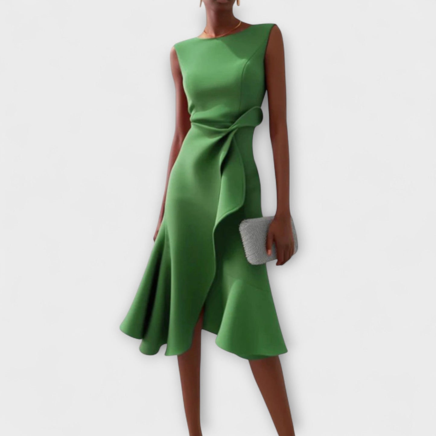 Ivy formal midi dress with elegant side-draped detail, sophisticated eveningwear for special occasions
