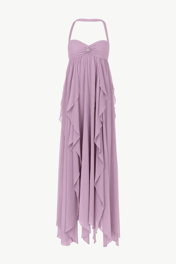 Dusty blue chiffon halter midi dress with star embellishments, flowing layers for beach weddings