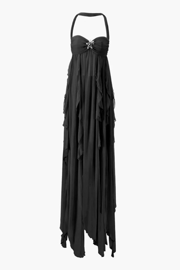 Flowy chiffon halter midi dress with star embellishments, romantic layered silhouette for evening events