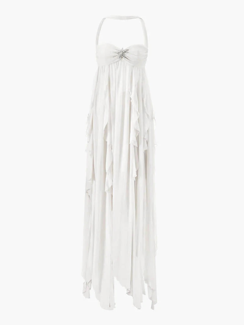 Flowy chiffon halter midi dress with star embellishments, romantic layered silhouette for evening events